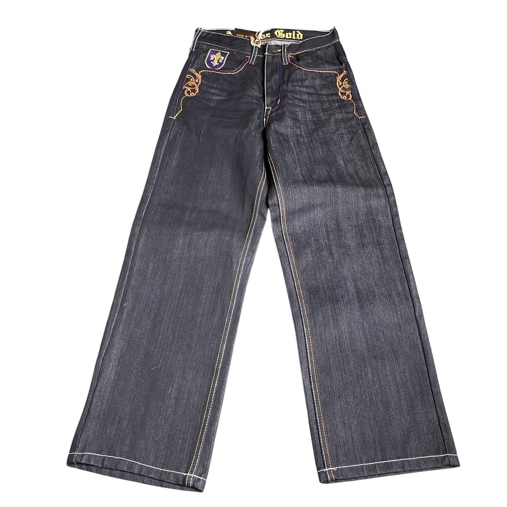 Rude Gold Jeans Embroidered Pockets‎ Black Denim Straight Leg Pants Size 8